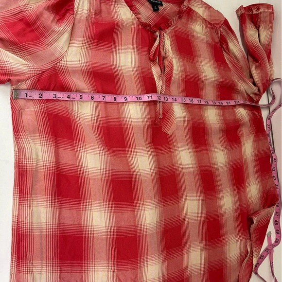 Torrid Ruffle Neck Blouse Womens Plus Size 2X 18 20 Red Pink Plaid Tunic Shirt - Picture 8 of 10